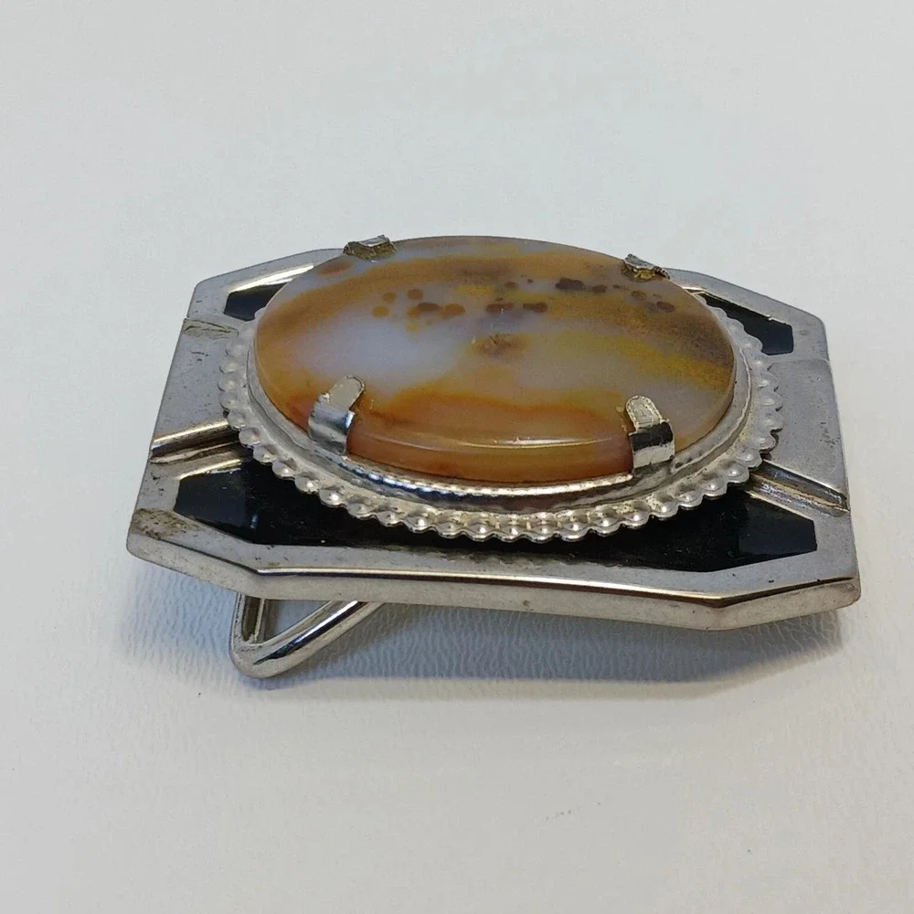 Vintage Western Agate Belt Buckle Silver Tone Black Enamel Rectangular Mens